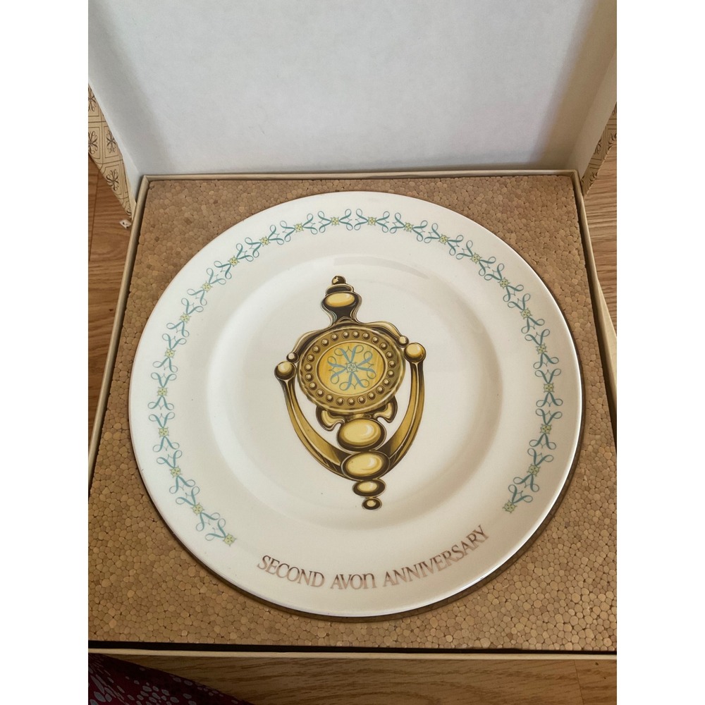 Vintage Avon Second Anniversary Commemorative Plate Door Knocker Gold Teal White